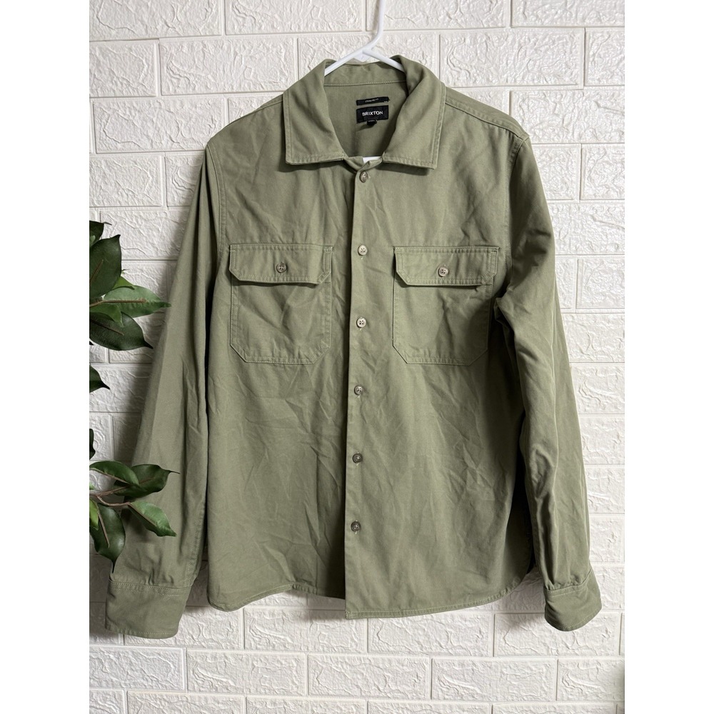 Brixton Jacket Mens Small Olive Green Relaxed Fit 100% Cotton Military Overshirt